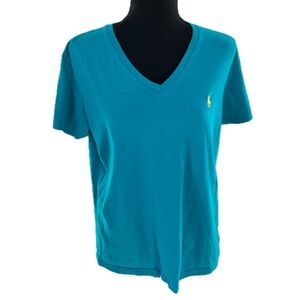 Ralph Lauren Sport V-Neck Teal Blue Polo 100% Cotton T-Shirt Size Large
